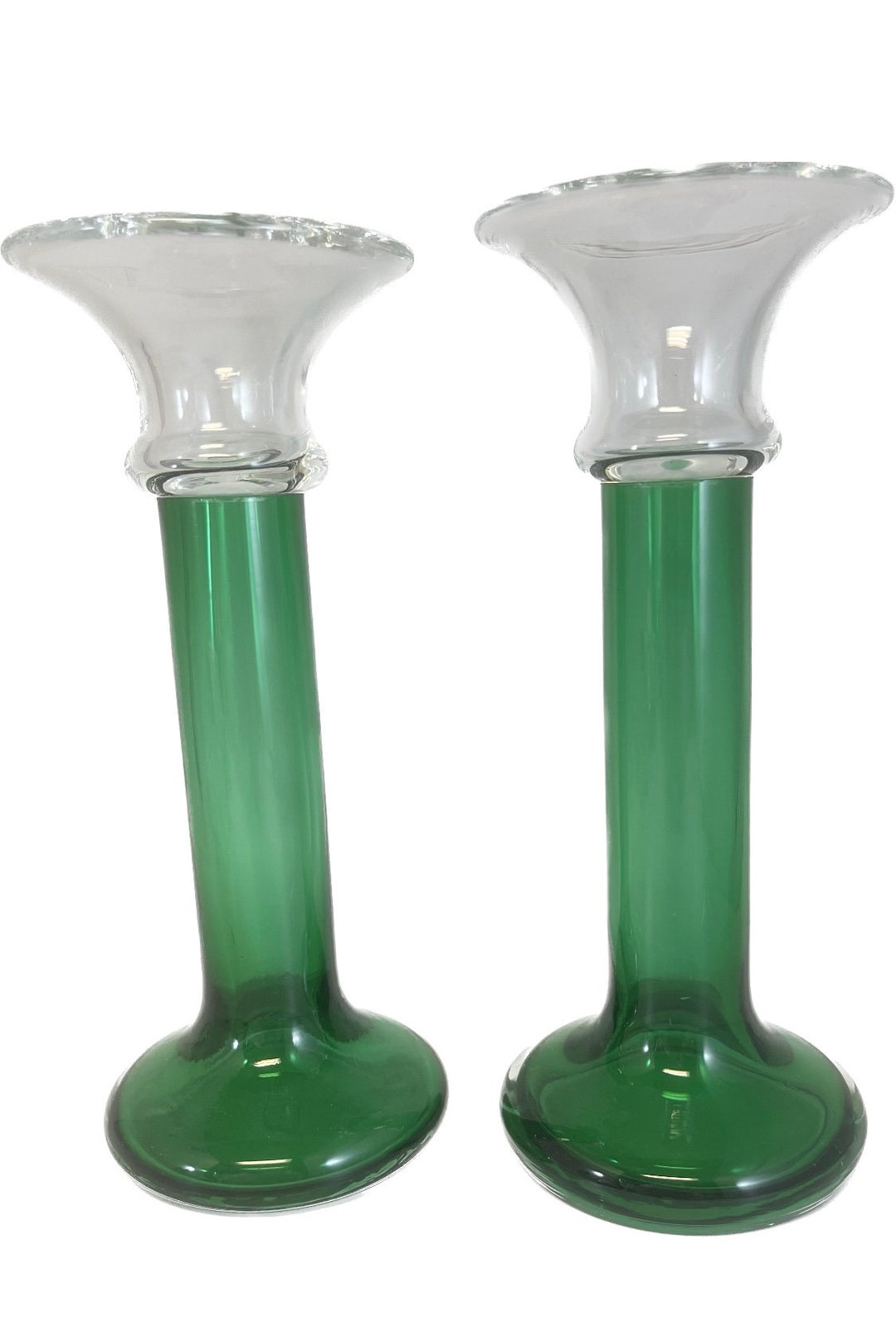 Crate & Barrel Green Glass Candlesticks Art Glass Candlesticks Vintage