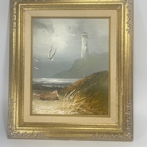 Original Signed Oil Painting Light House Framed Signed Art Work Seascape Vintage Original Painting Oil On Canvas Wood Frame Seagulls Boat