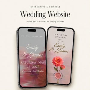 Peut inclure: Deux smartphones affichant un modèle de site web de mariage. Les écrans présentent le texte "Wedding Website", "Emily & James", "Saturday, May 22, 2027" et "You have an invitation". Le design inclut un motif floral rose et une icône de sceau.
