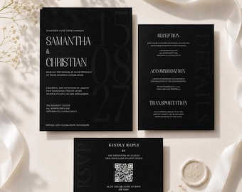 Moon Collection Invitación de Boda Old Money, Plantilla Canva Editable Negra, Tarjeta RSVP, Tarjeta de Detalles