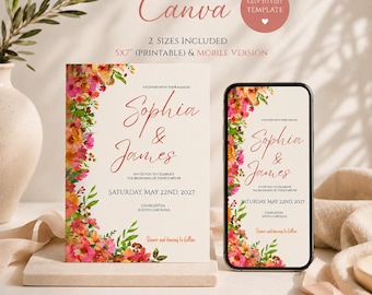 Blush Garden Wedding Invitation, Floral Canva Template, Romantic Garden Wedding Invite, 5x7 Printable & Mobile