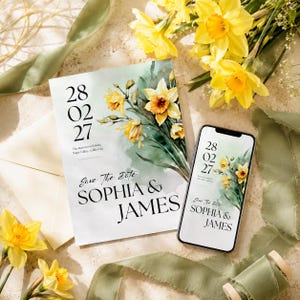 Peut inclure: Une carte rectangulaire de faire-part de mariage et un smartphone affichant le même design, avec des jonquilles jaunes à l'aquarelle, du feuillage vert et le texte 28 02 27, The Rosewood Estate, Save The Date, SOPHIA & JAMES.
