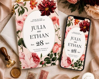 Crimson Dahlia Wedding Invitation Template, Editable Canva Invite, Floral Wedding Invitation, Printable 5x7 & Mobile Invite