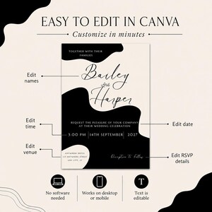 Puede incluir: Una plantilla de invitaci&oacute;n de boda en blanco y negro. La invitaci&oacute;n presenta los nombres "Bailey and Harper" en una elegante escritura, con campos editables para la hora, la fecha, el lugar y los detalles de RSVP. El texto "Easy to edit in Canva" est&aacute; en la parte superior.