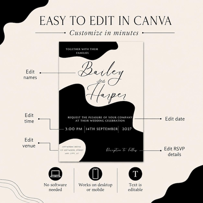 Puede incluir: Una plantilla de invitaci&oacute;n de boda en blanco y negro. La invitaci&oacute;n presenta los nombres "Bailey and Harper" en una elegante escritura, con campos editables para la hora, la fecha, el lugar y los detalles de RSVP. El texto "Easy to edit in Canva" est&aacute; en la parte superior.