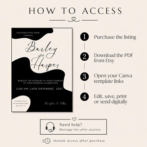 Puede incluir: Un dise&ntilde;o de invitaci&oacute;n de boda en blanco y negro. La invitaci&oacute;n presenta los nombres "Bailey and Harper" en escritura cursiva, junto con los detalles del evento. Tambi&eacute;n se incluyen instrucciones sobre c&oacute;mo acceder a la plantilla.