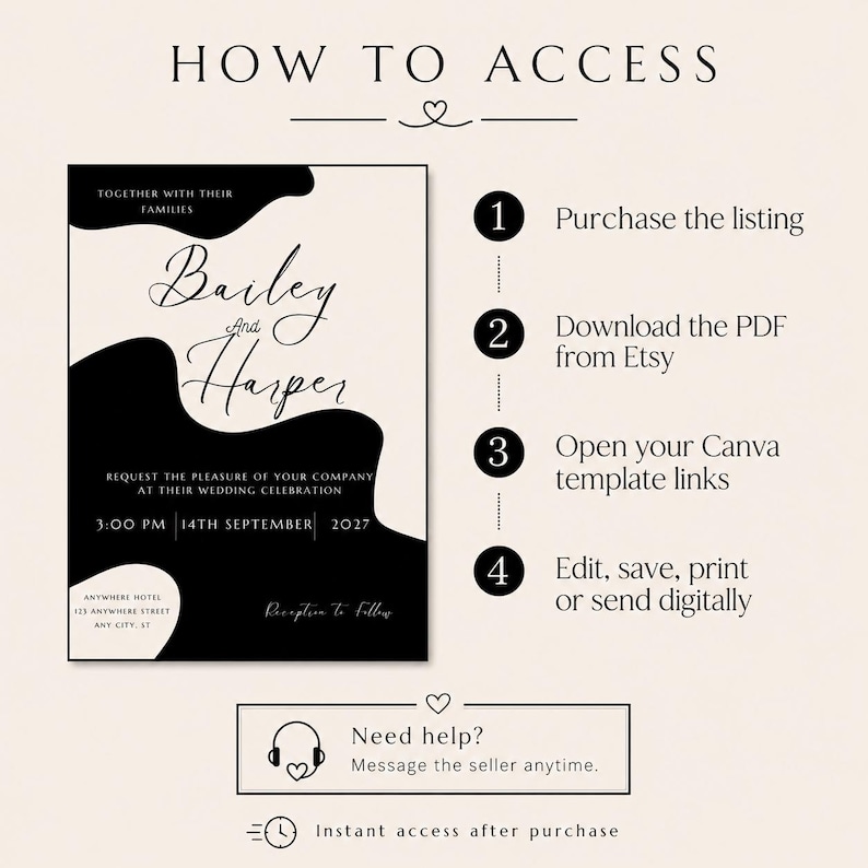 Puede incluir: Un dise&ntilde;o de invitaci&oacute;n de boda en blanco y negro. La invitaci&oacute;n presenta los nombres "Bailey and Harper" en escritura cursiva, junto con los detalles del evento. Tambi&eacute;n se incluyen instrucciones sobre c&oacute;mo acceder a la plantilla.