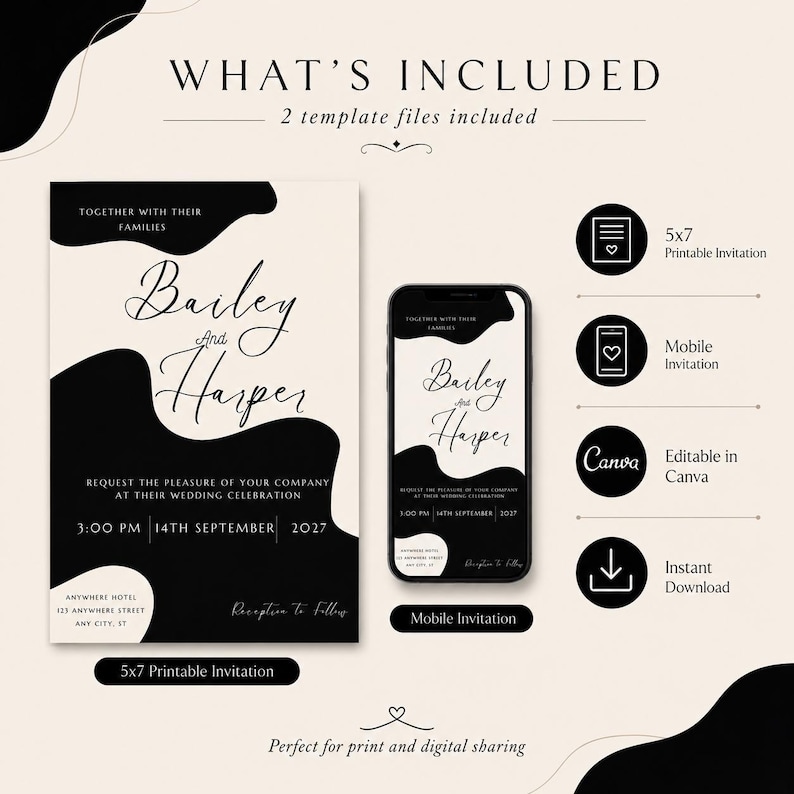 Puede incluir: Un conjunto de invitaciones de boda con una invitaci&oacute;n imprimible de 5x7 y una invitaci&oacute;n m&oacute;vil. El dise&ntilde;o presenta los nombres "Bailey and Harper" en una elegante escritura, con formas abstractas negras sobre un fondo crema. Incluye plantillas de Canva editables y descarga instant&aacute;nea.