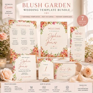 Peut inclure: Un ensemble de modèles de mariage Blush Garden comprenant sept articles de papeterie modifiables avec des bordures florales à l'aquarelle. Le kit inclut un plan de table, un panneau d'accueil, un menu, un faire-part, un numéro de table et une carte de remerciement.