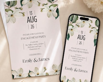 Ivory Magnolia Engagement Party Invitation Template, Editable Canva Invite, Floral Engagement Invitation, Printable 5x7 & Mobile