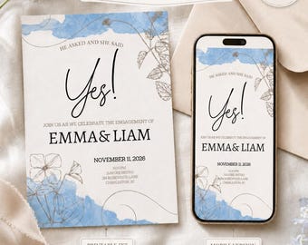 Blue Watercolor Floral Engagement Party Invitation Template, Editable Canva Invite, Printable 5x7 & Mobile Invitation