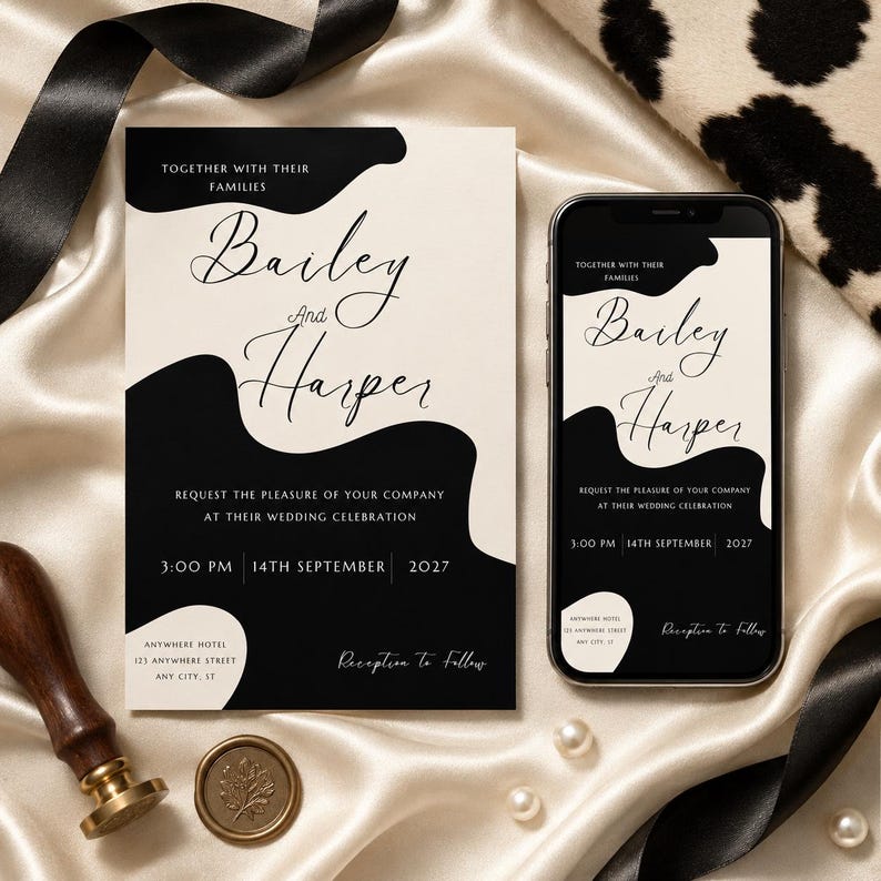 Puede incluir: Invitaci&oacute;n de boda y pantalla de tel&eacute;fono con los nombres "Bailey y Harper" en fuente cursiva. El dise&ntilde;o incluye formas abstractas negras sobre un fondo blanquecino, con detalles del evento. Un sello de cera y una cinta tambi&eacute;n son visibles.