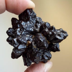 May include: A dark, clustered mineral specimen with a glossy appearance. The deep black colour and irregular, bumpy texture create a unique, organic form. The mineral is held between fingers, showcasing its size and shape.
