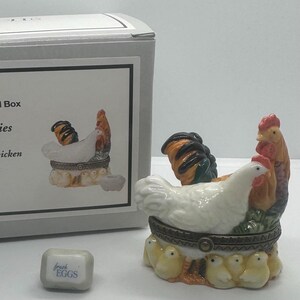 Chicken and Rooster with Carton of Eggs Trinket Porcelain Hinged Box Midwest PHB  in Original Box Very Nice!