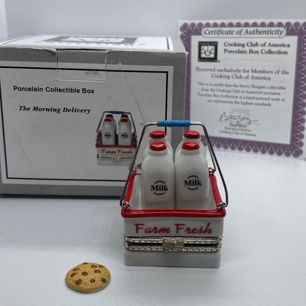 Milk Crate with Milk Bottles & Chocolate Chip Cookie Trinkets Porcelain Hinged Box"Morning Delivery" Cooking Club of America In Original Box