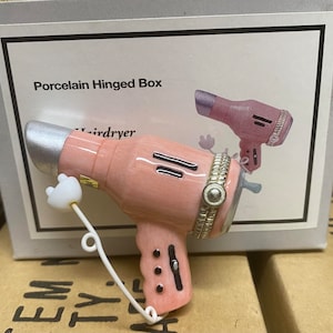 Hair Dryer Pink with Brush Trinket Porcelain Hinged Box  Midwest PHB New in Box