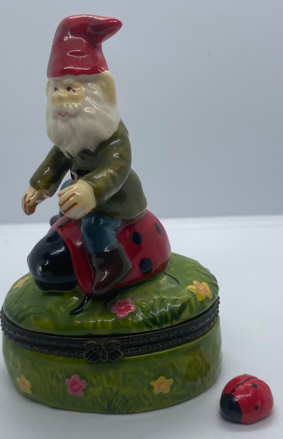 Gnome Riding a Ladybug With Ladybug Trinket Porcelain Hinged Box - Etsy