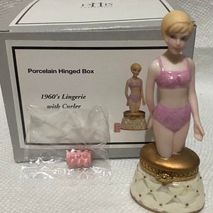 60&#39;s Lingerie with Curler Trinket Porcelain Hinged Box Midwest PHB New in Box New Old Stock!