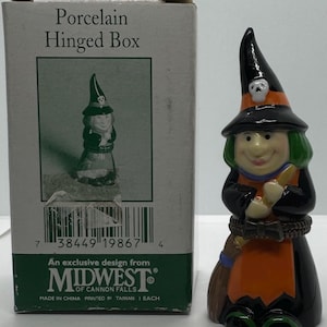Halloween Witch Broom and Skull Hat Porcelain Hinged Box Midwest of Cannon Falls PHB In Box