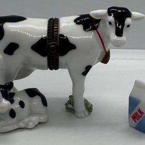 Cow and Calf with Milk Carton Trinket Porcelain Hinged Box Midwest PHB Black and White Holstein