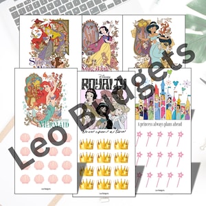 May include: Collection of Disney princess-themed stickers and budget sheets. The sheets feature illustrations of princesses like Snow White and Ariel, along with crowns, castles, and text such as "A princess always plans ahead."