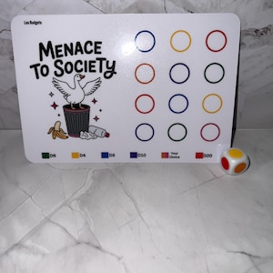 May include: A white rectangular tracker board featuring the text Menace to Society and a cartoon goose standing in a trash can. The board includes a grid of twelve colored circles for tracking, labels for D6, D4, D8, D10, Your Choice, and D20, and a multi-colored die.