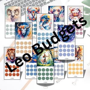 May include: A collection of watercolor-style zodiac sign illustrations, each featuring a different constellation symbol. The images are arranged on rectangular cards with a set of colored dots below each illustration. The text "Leo Budgets" is overlaid on the images.
