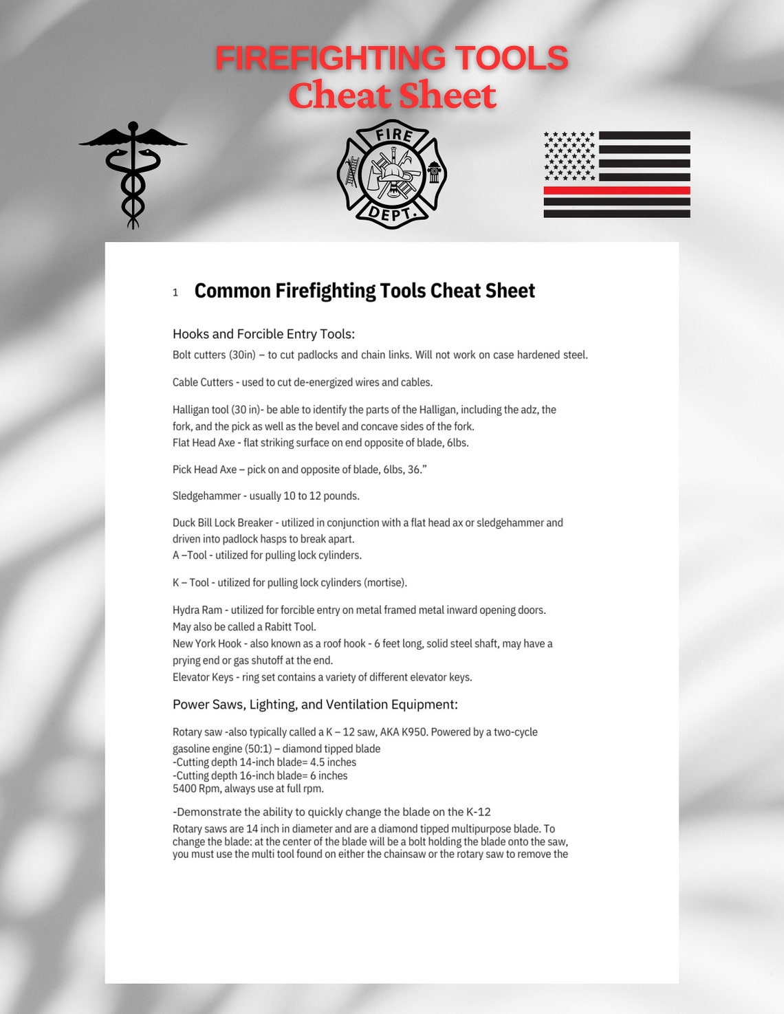 Firefighting Tools Cheat Sheet for Firefighter, EMT, Paramedic. - Etsy