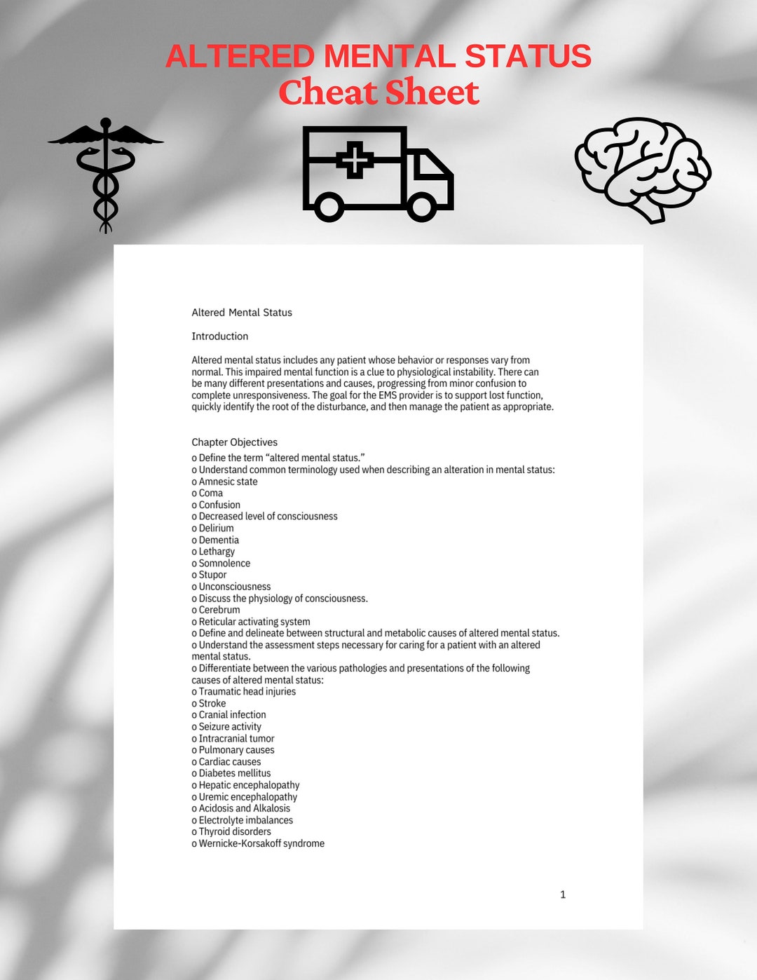 Altered Mental Status Cheat Sheet for Paramedics, Nurses, Doctors. - Etsy