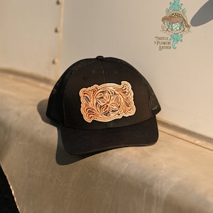 Handmade Tooled Leather Trucker Hat: Floral Western Cowgirl Style