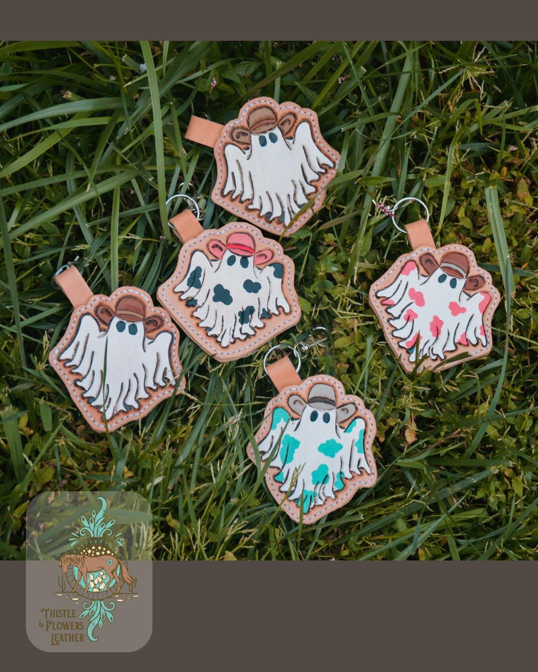Handmade Tooled Leather Halloween Keychain: Cowboy Cowgirl Ghost