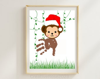 Christmas Monkey Animal Handprint Footprint Art Craft Printable Template for Daycare Toddler Preschool Child Memory Keepsake Activity Book