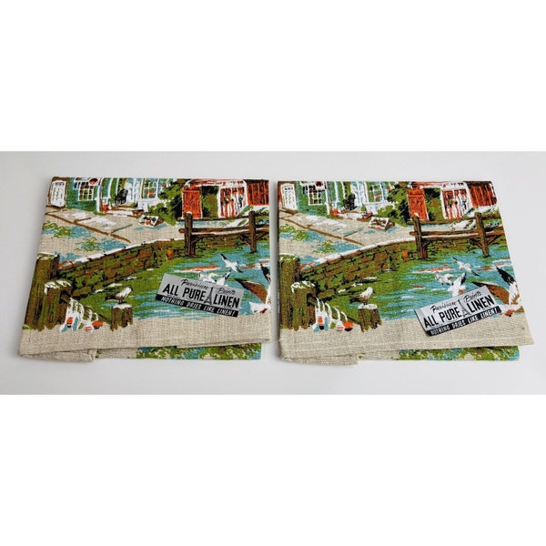 2 Vintage Parisian Prints 100% Pure Linen Tea Towel~Kitchen~Seaside Village~USA