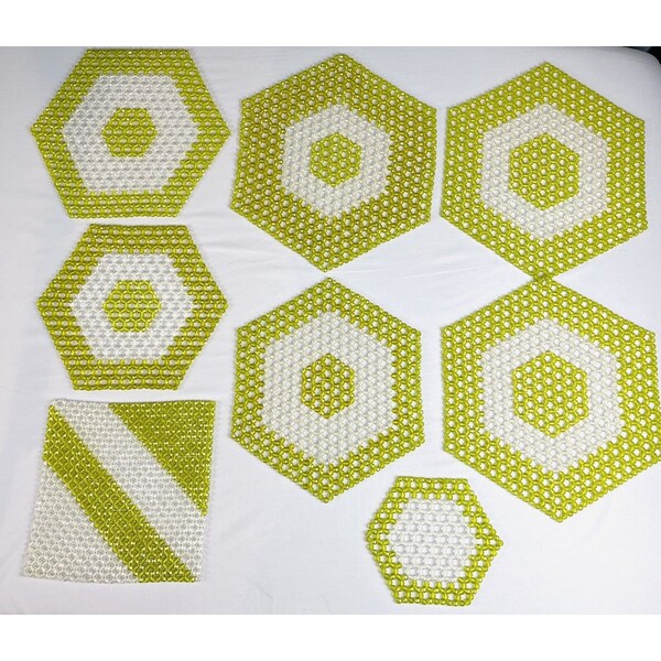 Lot of 8 Vintage Beaded Hexagon Table Mat Placemat Doily Lime Green Handmade MCM