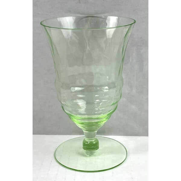 Green Uranium Vaseline Footed Glass~Glows~Ribbed Water Goblet~Depression~Vintage