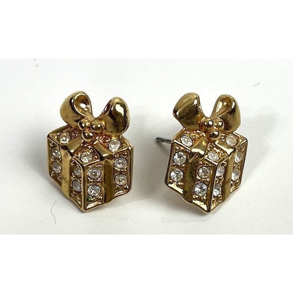 Avon Vintage Earrings Goldtone Rhinestone 3D Gift Box Christmas Present Signed