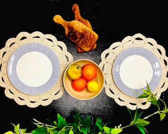 Hand Crocheted Cotton Placemats Round Scalloped Edge Boho Table Mats Cream