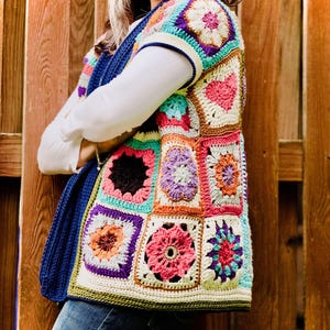 Chaleco de abuela cuadrado de crochet: capa bohemia 100 % algodón hecha a mano