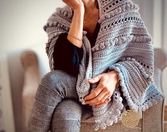 Handmade Crochet Shawl - Cotton Yarn -  Textured Boho Wrap - Soft Gray