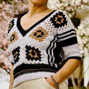 Handmade Crochet Granny Square Top: Mercerized Cotton, Black Gold White