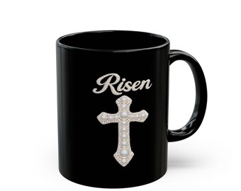 Taza de café de cerámica negra con diseño de la Cruz de la Perla Resucitada