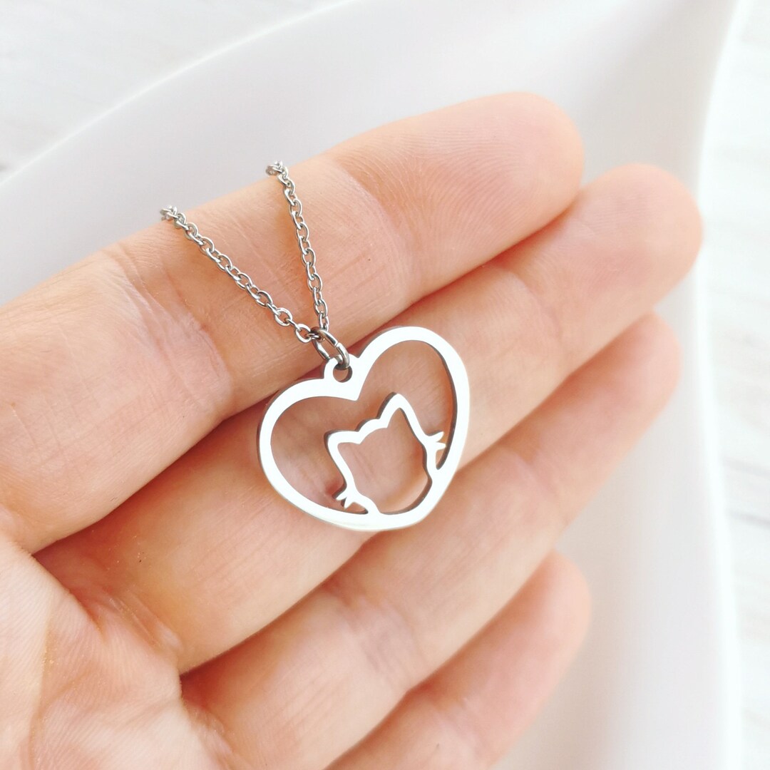 Stainless Steel Cat Necklace. Cat Heart Necklace. Cat Lover Gift. Kitty