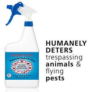 May include: A blue and white spray bottle labeled "OUTSIDE T.E.O.S. Trademarked Essential Oil Spray." The bottle contains a secured boundary establishment spray to deter trespassing animals and flying pests. The bottle is 28 fluid ounces (828 ml).
