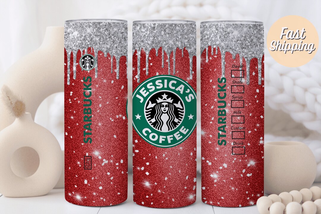 Glitter Starbucks Tumbler With Straw, Personalized Christmas Red