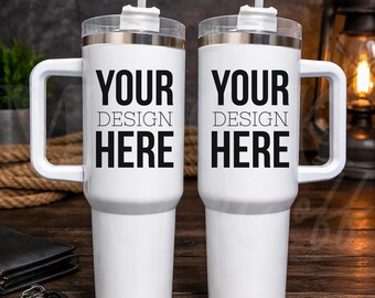 White 40 oz Tumbler Masculine Mockup, Double White Tumbler with Handle, Two Right Left 40 oz Coffee Tumbler Mock, Manly Indoor Aesthetic