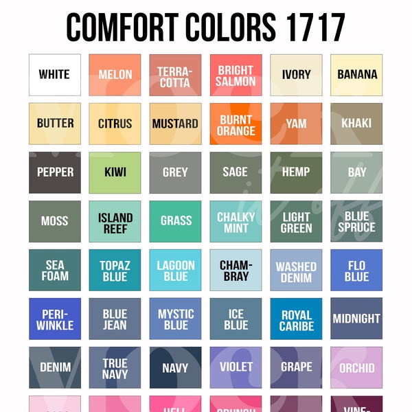 Printify Comfort Colors 1717 Color Chart, 2023 Printify Color Chart Swiftpod, Print On Demand Sublimation Assets Unisex T shirt Color Chart