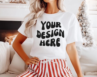 Christmas Mockup, White Comfort Colors 1717 TShirt Mockup, Women's White Tshirt Mockup, Christmas Tree Mock, Festive Trendy Holiday Mockup