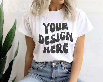 White Bella Canvas Mockup, BC 3001 TShirt Mockup, Blonde Womens T-shirt Mock, Indoor Greenery Mockup, Boho Aesthetic Chic Mock, Trendy Mock