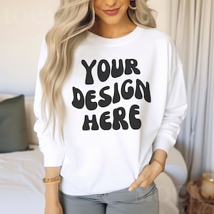 Comfort Colors 1566 White Sweatshirt Mockup, CC1566 White Sweatshirt Mockup, Women&#39;s White Crewneck Mockup, Indoor Boho Chic Blonde Model