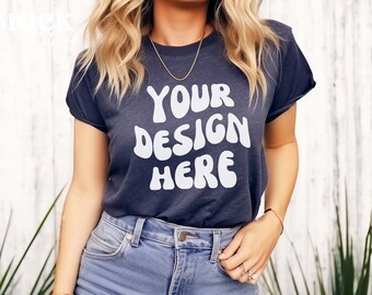 Heather Navy Bella Canvas 3001 TShirt Mockup, Women&#39;s T-shirt Mockup, Outdoor Greenery, Lifestyle Summer Mockup, Blonde Model Boho Aesthetic